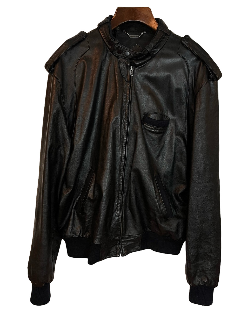 Vintage Members Only Black Leather Bomber Jacket 46L Tall Epaulets Racer VTG
